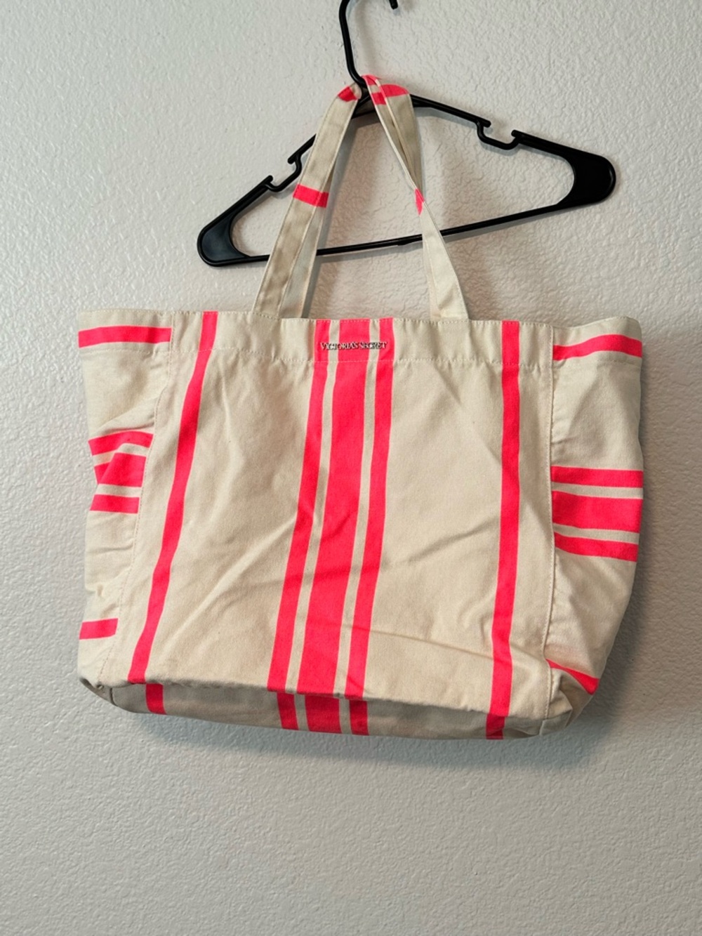 Victoria's Secret Cream & Neon Pink Striped Canvas Tote